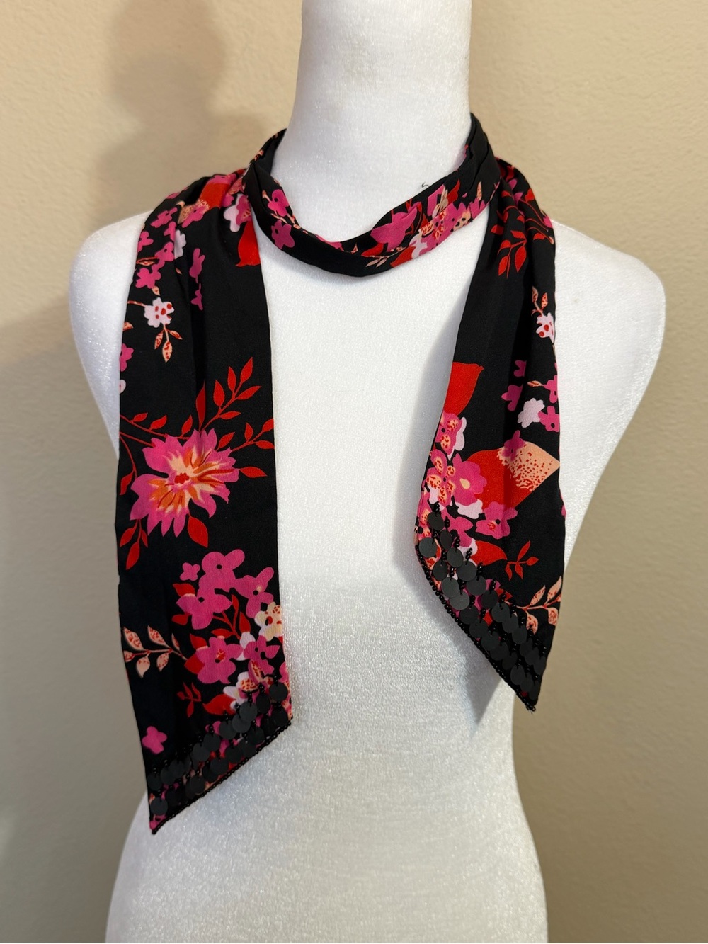 Black Floral Skinny Scarf - Pink & Red Accents